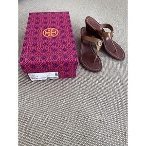$328 Tory Burch Cameron Sandals Wedge Flip Flop Thong Slide Tan Brown Gold 7.5 M